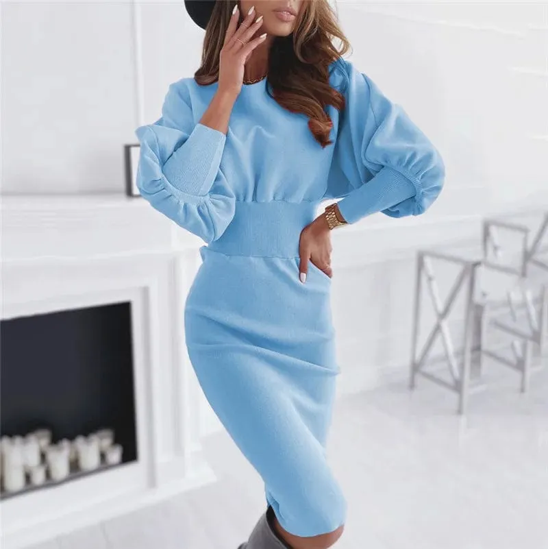 Elegant Office Lantern Sleeve O-Neck Bodycon Dress