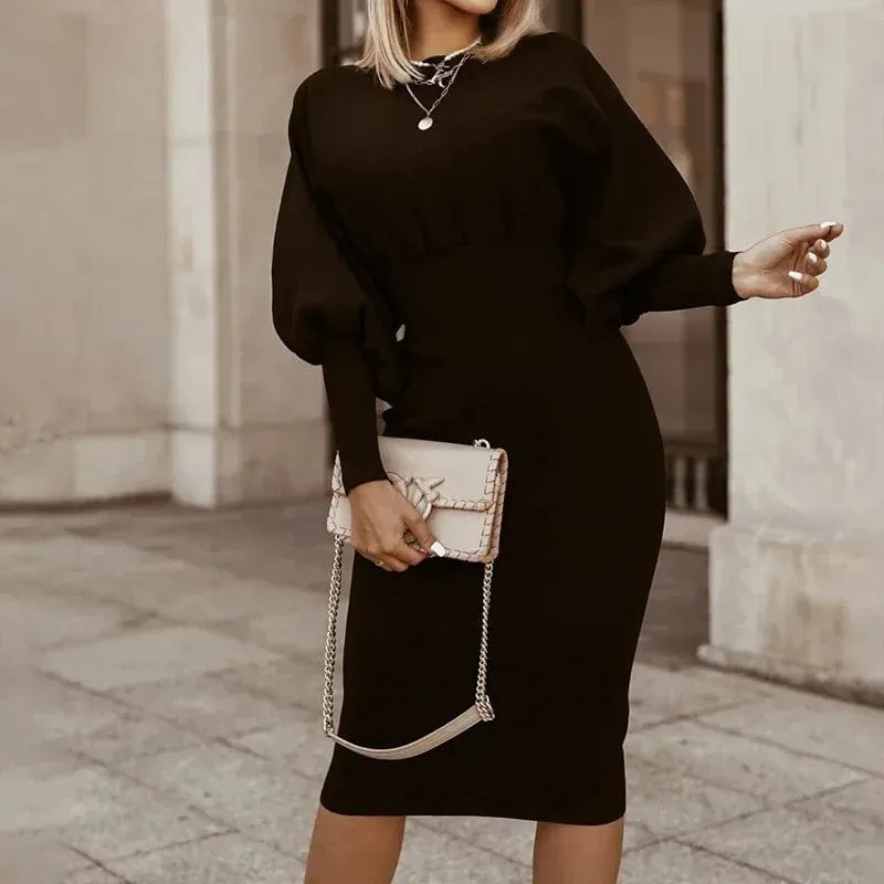 Elegant Office Lantern Sleeve O-Neck Bodycon Dress