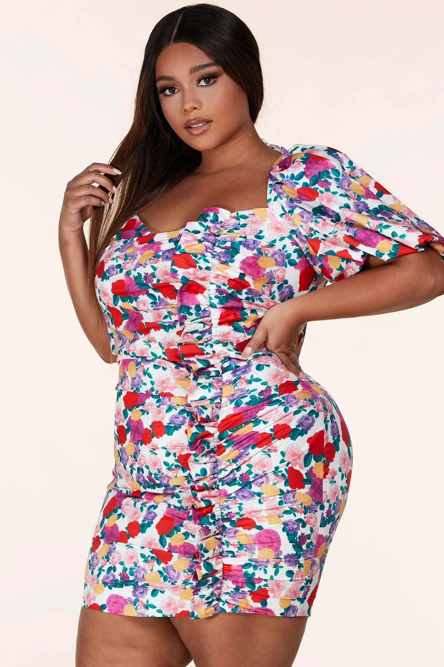 Fasheabe Rose Floral Print Plus Mini Dress