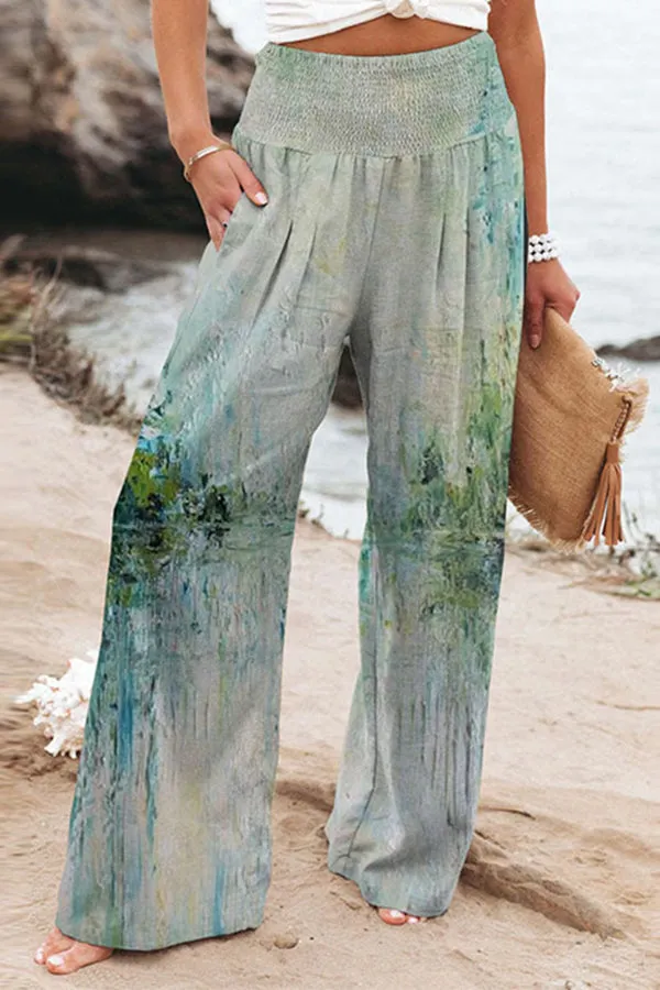 Finn Printed High Rise Smocked Waist Pocketed Wide Leg Pants