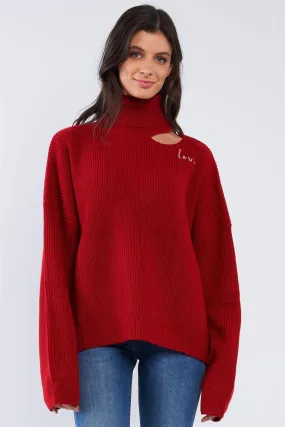 Fire Red "LOVE" Graphic Oversized Dolman Sleeve Shoulder Cutout Loose Fit Turtleneck Sweater /2-2-2-1