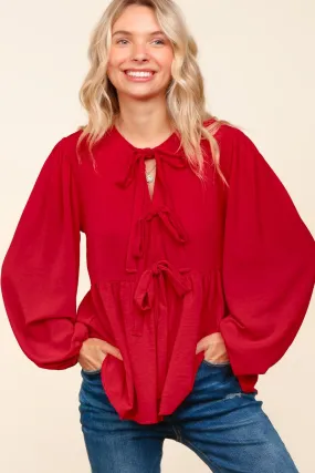 Front Ribbon Tie Long Sleeve Blouse - Red