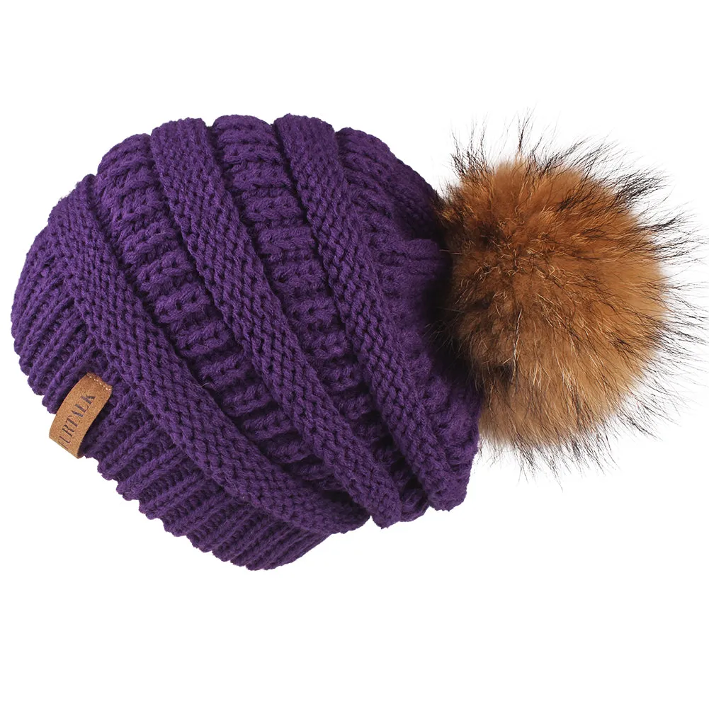 FURTALK Women Winter Slouchy Real Fur Pompom Hats Drop Shipping A003