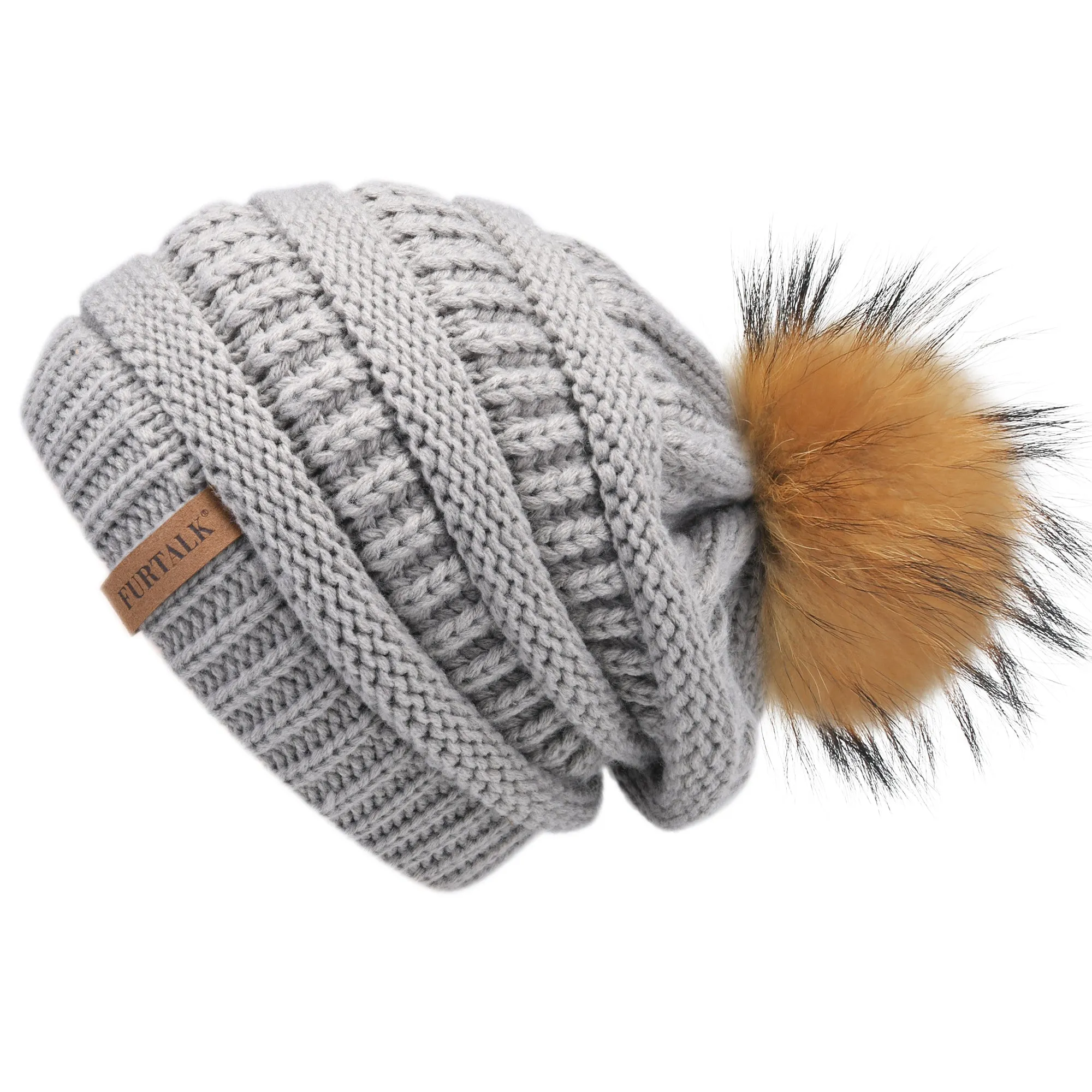 FURTALK Women Winter Slouchy Real Fur Pompom Hats Drop Shipping A003