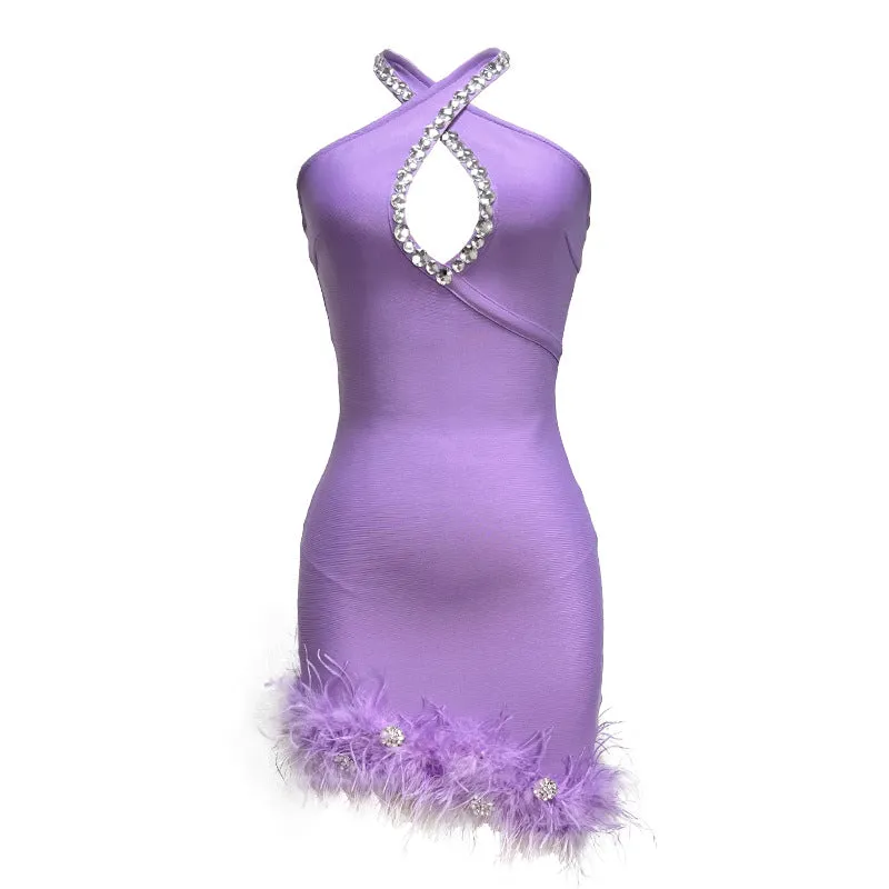 Fuzzy Trim Rhinestone Decor Halter Mini Dress