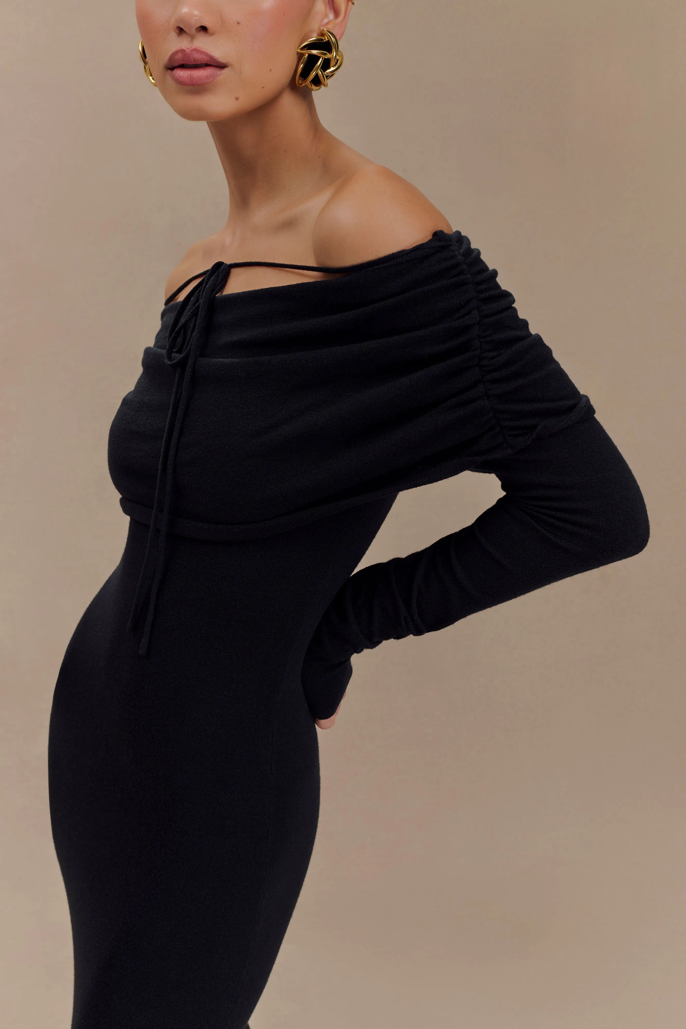 Georgiana Off Shoulder Knit Midi Dress - Black