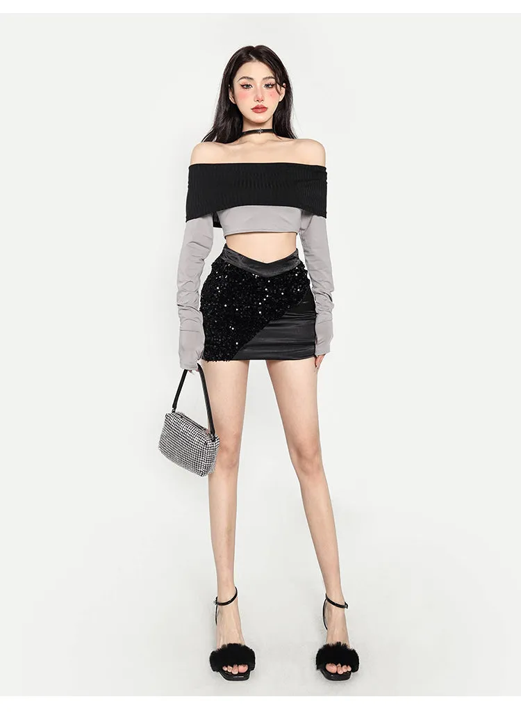 Giana Contrast Color Off the Shoulder Long Sleeve Slim Cropped Top