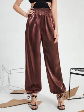 Glamorous Plain Paper Bag Waist High Waist Long Women Pants