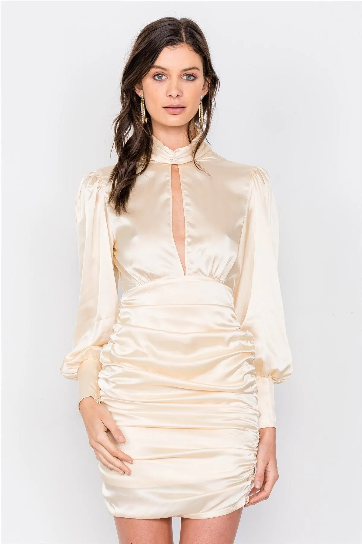 Gold Beauty Turtleneck Open Back Silk Mini Bodycon Dress  /3-2-1