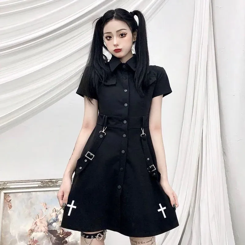 Goth Dress Punk Gothic Harajuku Summer Black Mini Dress Shirt Women Short Sleeve Emo Clothes Mall Goth Dark Academia