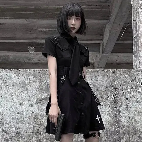 Goth Dress Punk Gothic Harajuku Summer Black Mini Dress Shirt Women Short Sleeve Emo Clothes Mall Goth Dark Academia