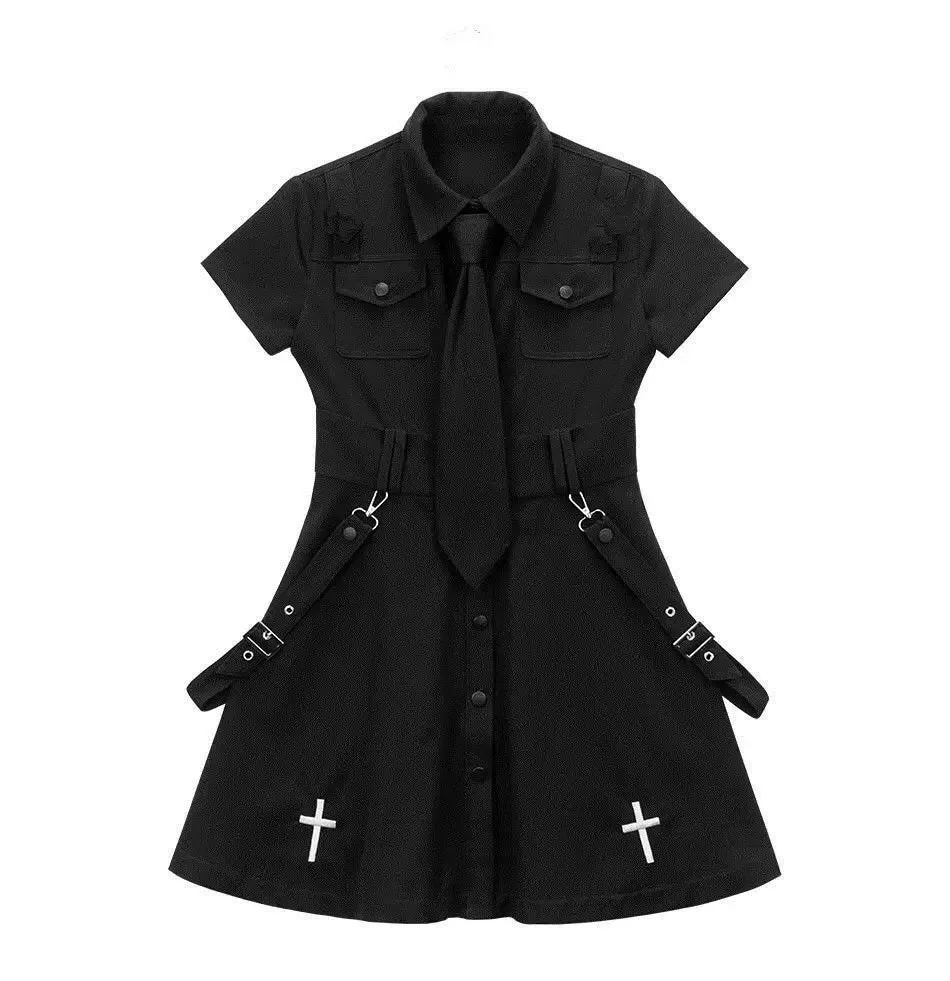 Goth Dress Punk Gothic Harajuku Summer Black Mini Dress Shirt Women Short Sleeve Emo Clothes Mall Goth Dark Academia