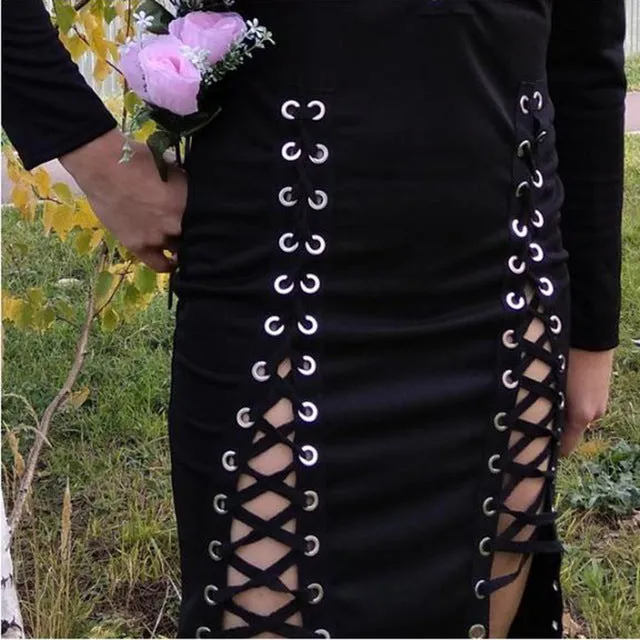 Gothic Black Sexy V-neck Summer Slit Lace Up Dress