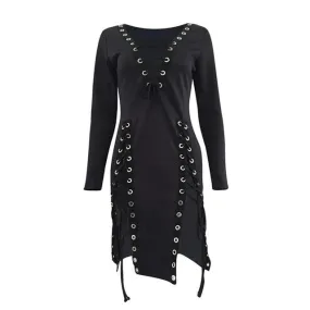 Gothic Black Sexy V-neck Summer Slit Lace Up Dress