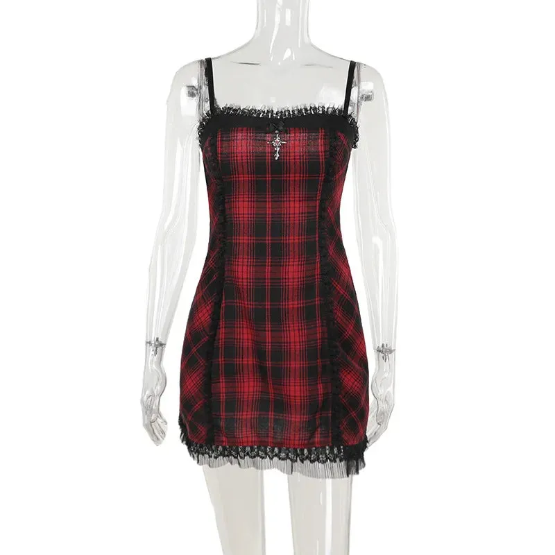 Gothic High Waist Plaid Halter Vintage Retro Grunge Aesthetics Contrast Swing Party Gothic Dress