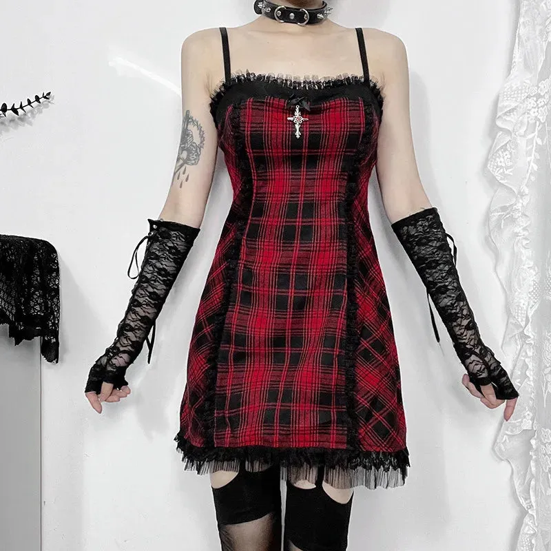 Gothic High Waist Plaid Halter Vintage Retro Grunge Aesthetics Contrast Swing Party Gothic Dress