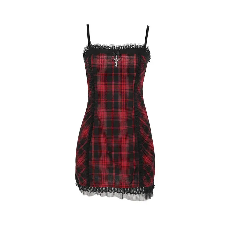 Gothic High Waist Plaid Halter Vintage Retro Grunge Aesthetics Contrast Swing Party Gothic Dress