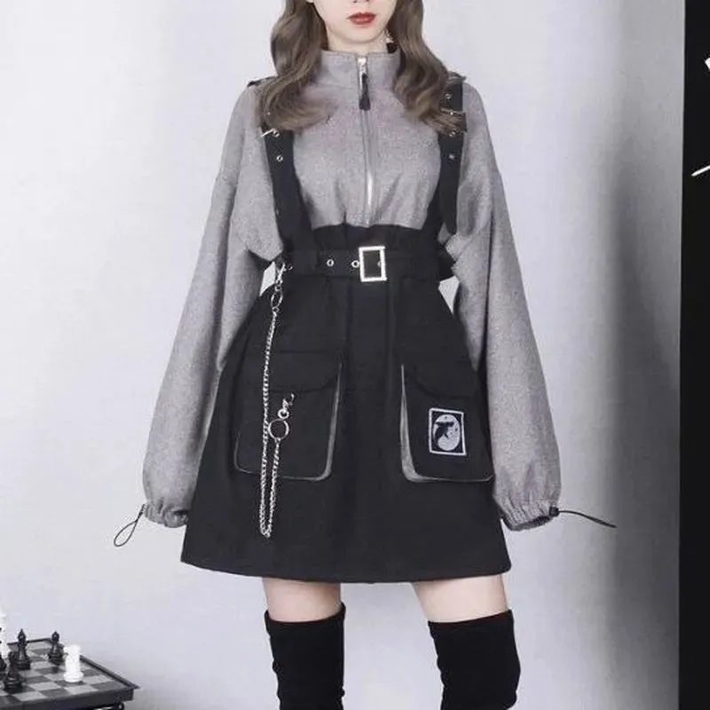 Gothic Punk Mini Dress Women Streetwear Spring Fashion Goth Harajuku Dress 2021 Egirl Long Sleeve Korean Style Kpop