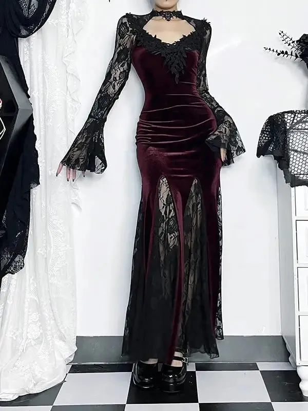 Gothic Ruched Lace Long Fishtail Bodycon Mermaid Maxi Sleeve Cocktail Outfit