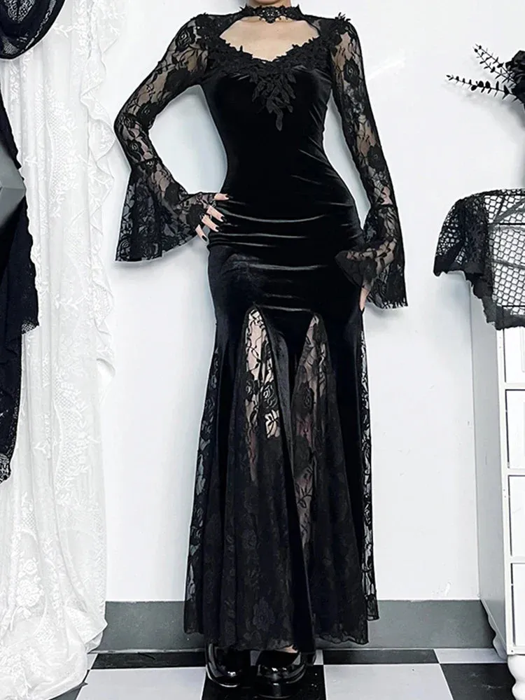 Gothic Ruched Lace Long Fishtail Bodycon Mermaid Maxi Sleeve Cocktail Outfit