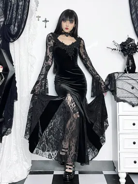 Gothic Ruched Lace Long Fishtail Bodycon Mermaid Maxi Sleeve Cocktail Outfit