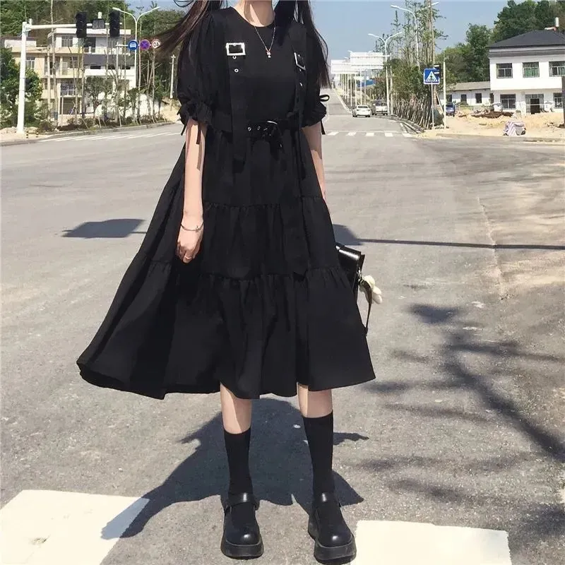 Gothic Style Dress Women Harajuku Gothic Lolita Goth Kawaii Dress Punk Cute Long Sleeve Black Midi Dress Emo Oversize