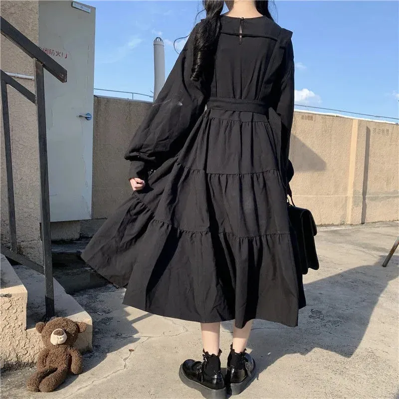 Gothic Style Dress Women Harajuku Gothic Lolita Goth Kawaii Dress Punk Cute Long Sleeve Black Midi Dress Emo Oversize