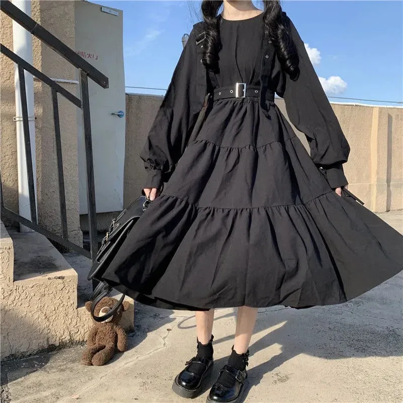 Gothic Style Dress Women Harajuku Gothic Lolita Goth Kawaii Dress Punk Cute Long Sleeve Black Midi Dress Emo Oversize