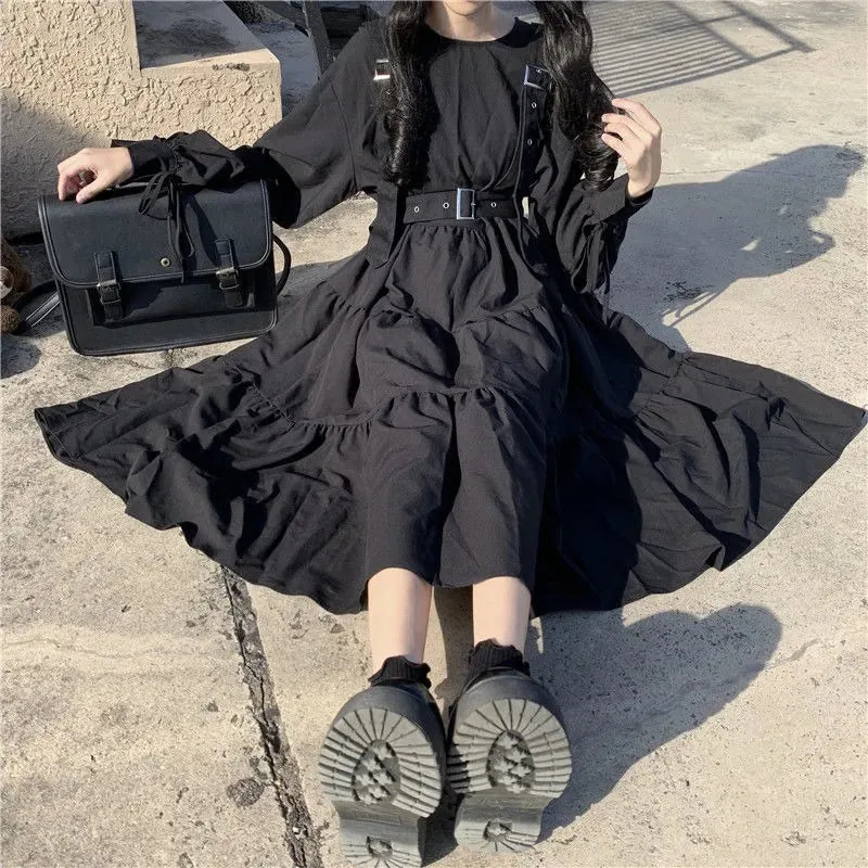 Gothic Style Dress Women Harajuku Gothic Lolita Goth Kawaii Dress Punk Cute Long Sleeve Black Midi Dress Emo Oversize