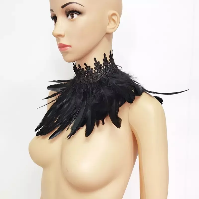 Gothic Victorian Cosplay Feather Choker Neck Wrap Collar - Black