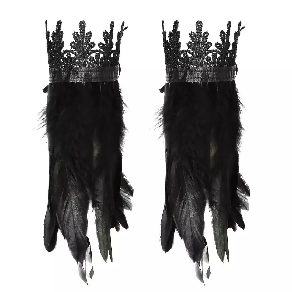 Gothic Victorian Cosplay Feather Wrist Cuffs - Black Lace