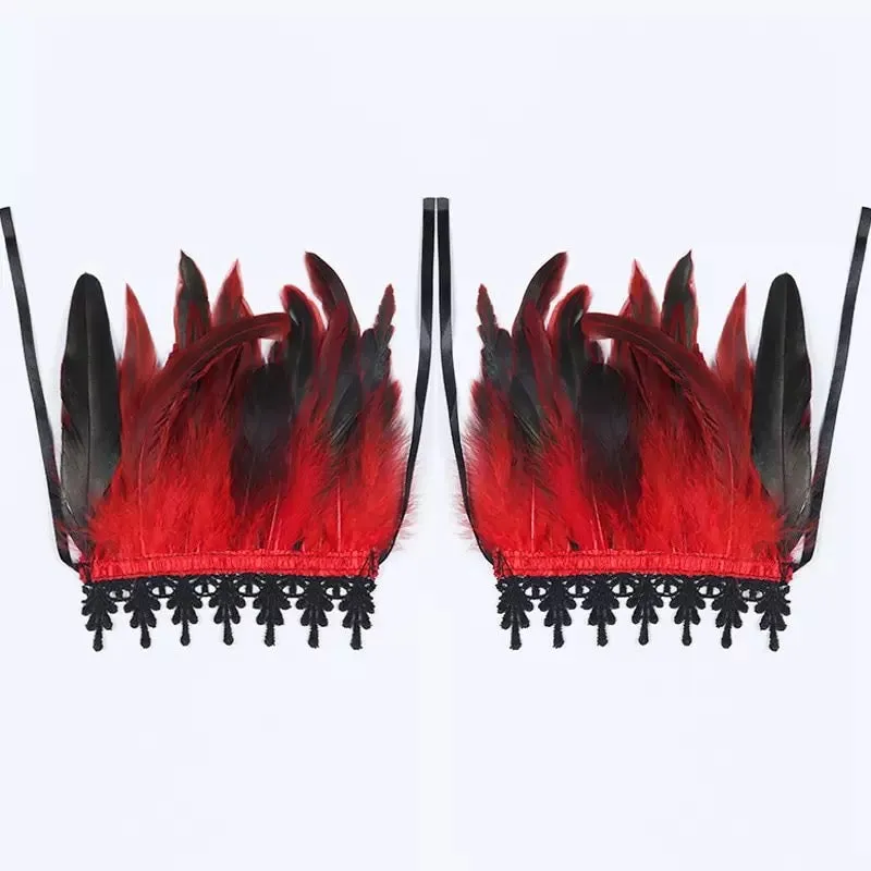 Gothic Victorian Cosplay Feather Wrist Cuffs - Red