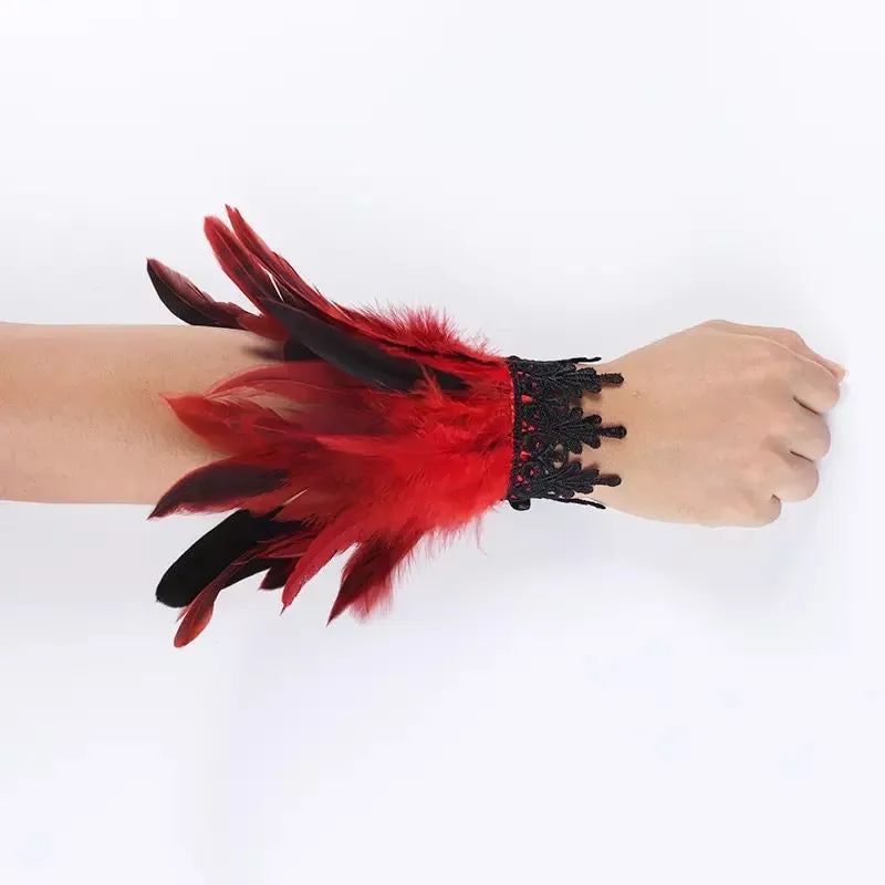 Gothic Victorian Cosplay Feather Wrist Cuffs - Red