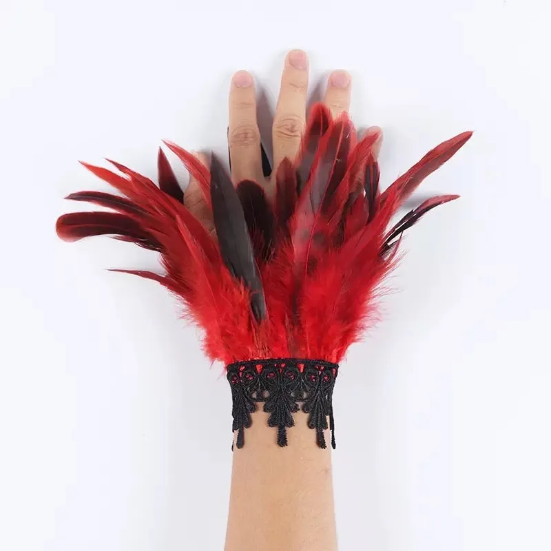 Gothic Victorian Cosplay Feather Wrist Cuffs - Red