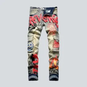 Graffiti print frayed men's jeans