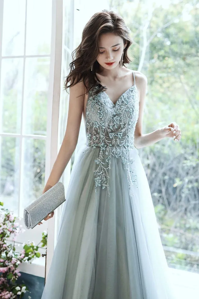 Gray v neck tulle beads long prom dress beads tulle evening dress