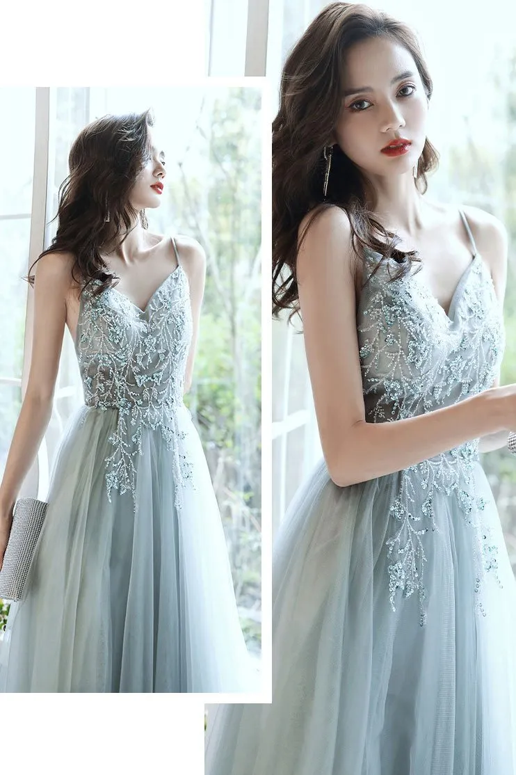 Gray v neck tulle beads long prom dress beads tulle evening dress