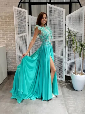 Green round neck chiffon lace long prom dress, lace evening dress