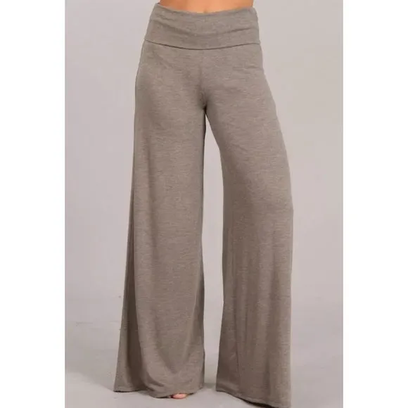 Heather Taupe Casual Wide Leg Solid High Foldover Waist Palazzo Casual Womens Pant