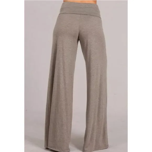 Heather Taupe Casual Wide Leg Solid High Foldover Waist Palazzo Casual Womens Pant