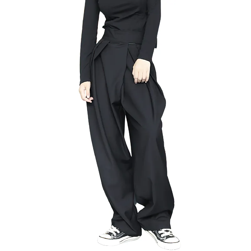 High Waist Black Pleated Women's Pants / Female Loose Fashion Trousers