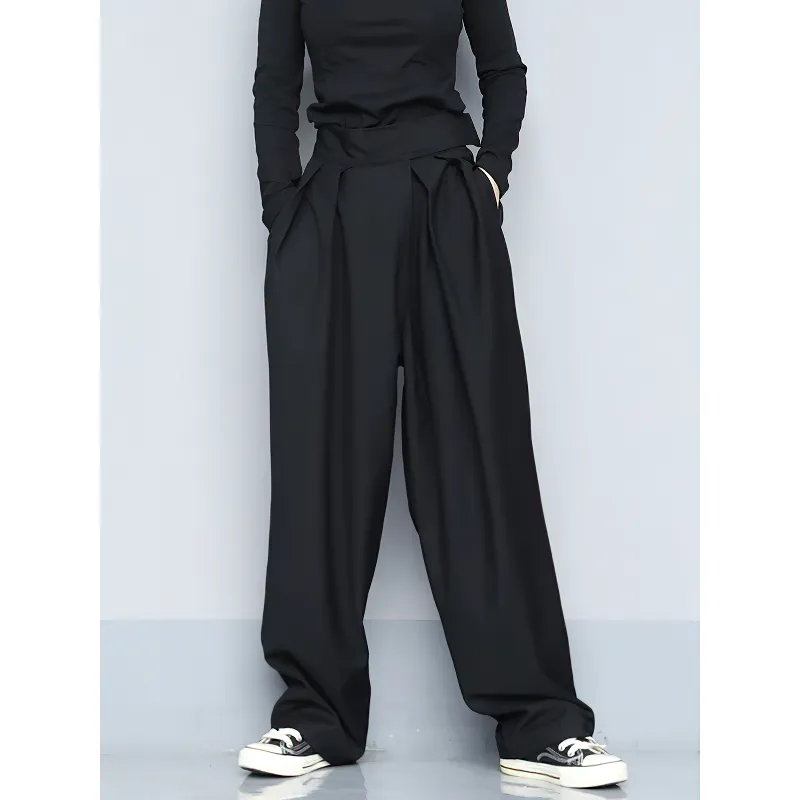 High Waist Black Pleated Women's Pants / Female Loose Fashion Trousers