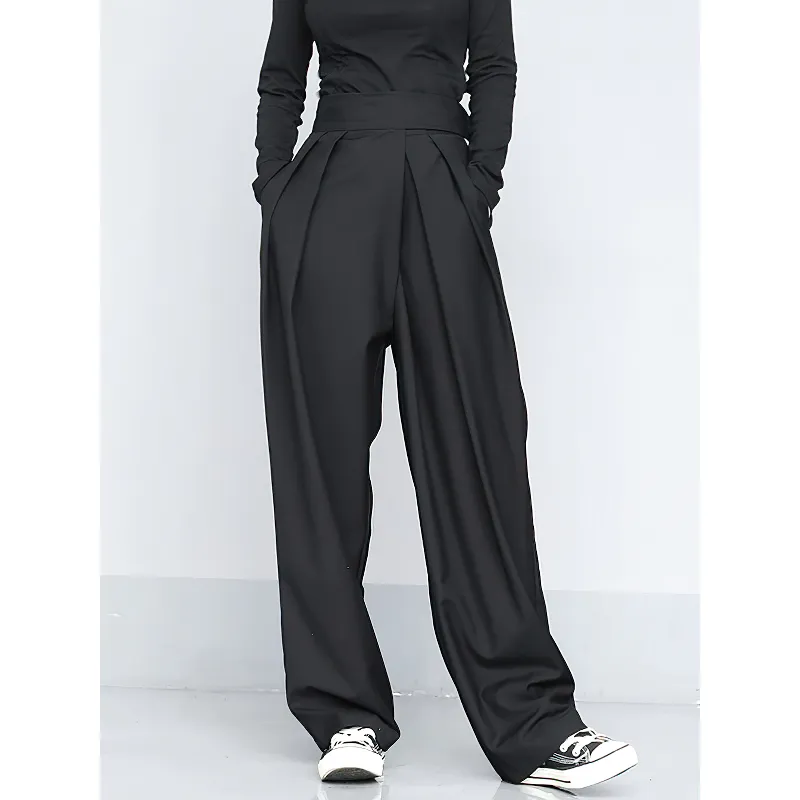 High Waist Black Pleated Women's Pants / Female Loose Fashion Trousers