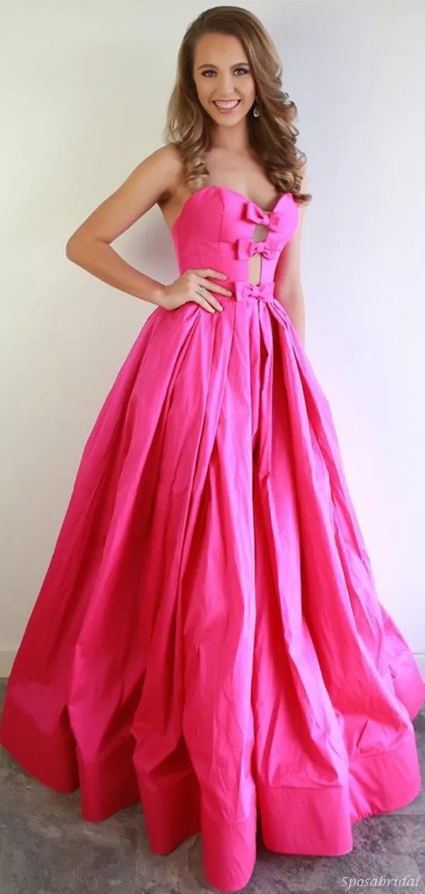 Hot Pink Strapless Sweetheart With Cute Bow Ties A-line Long Prom Dress