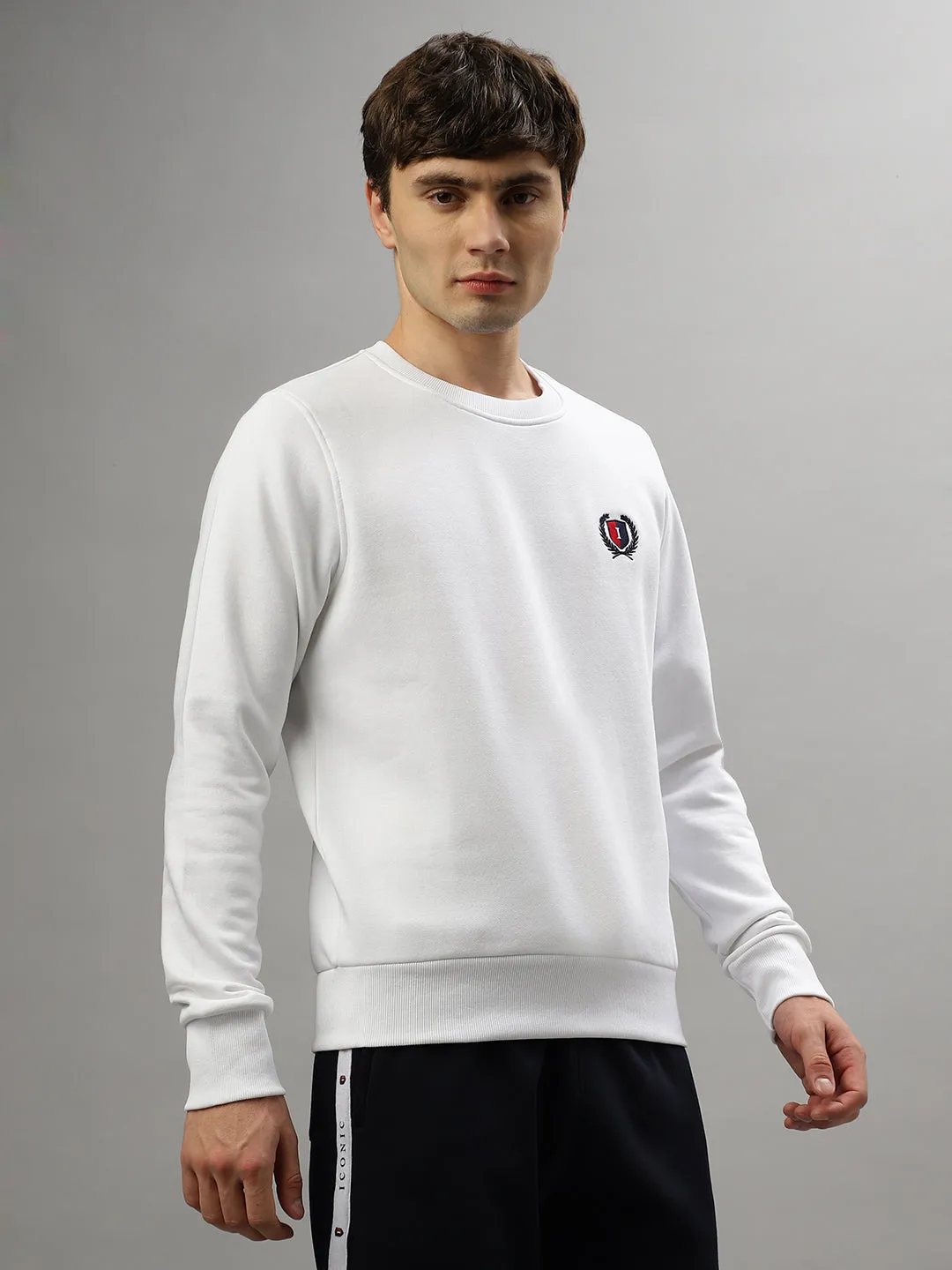 Iconic Men White Solid Round Neck Full Sleeves Sweatshirt