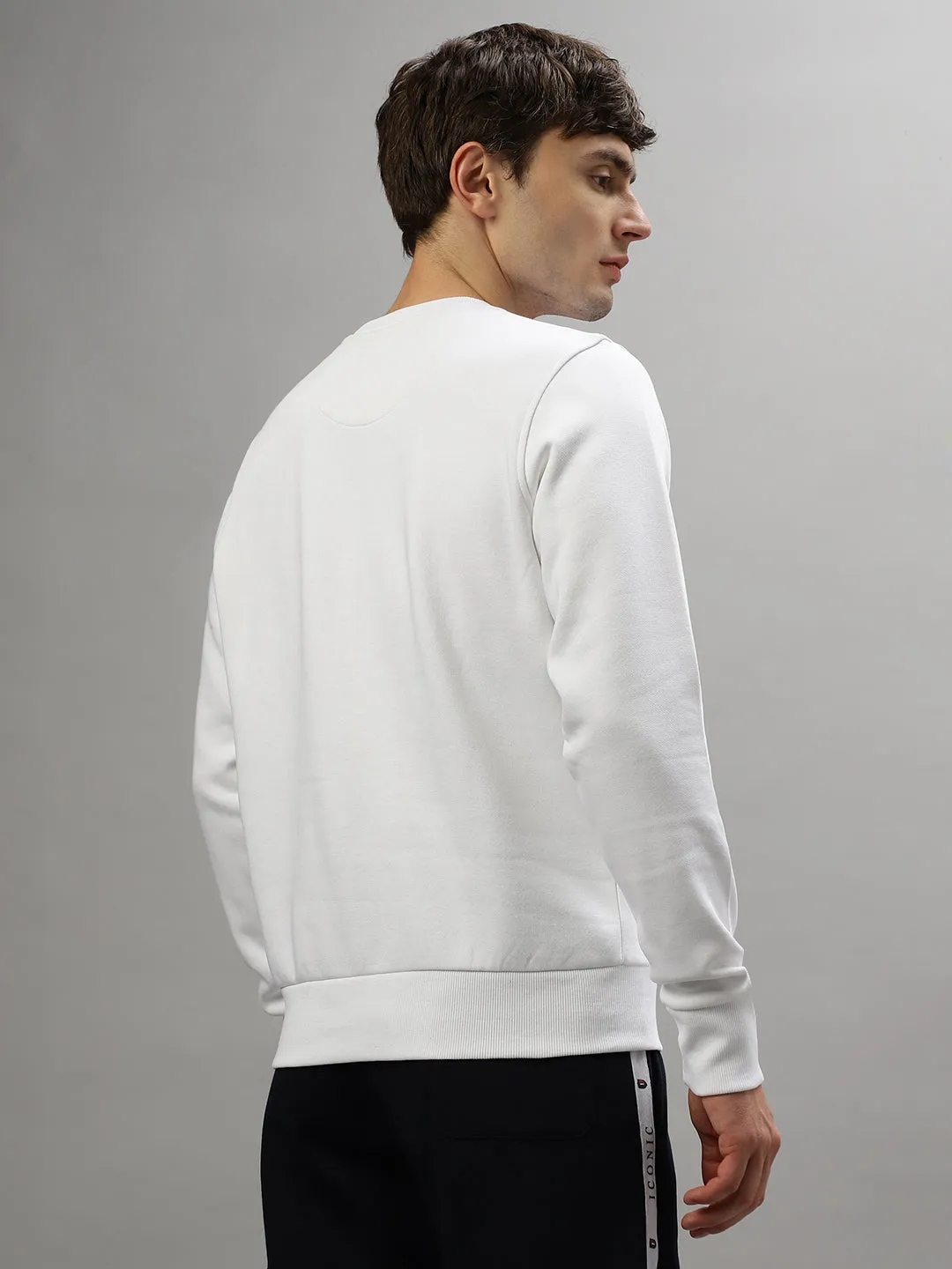 Iconic Men White Solid Round Neck Full Sleeves Sweatshirt