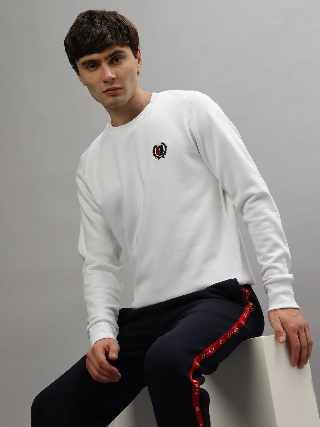 Iconic Men White Solid Round Neck Full Sleeves Sweatshirt