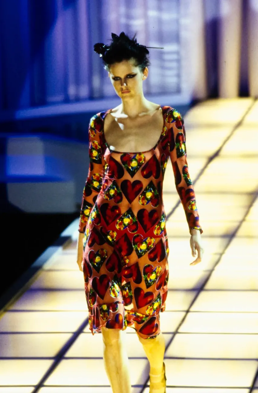 Important Spring 1997 Gianni Versace Well Documented Runway Dress w Heart Print by Jim Dine