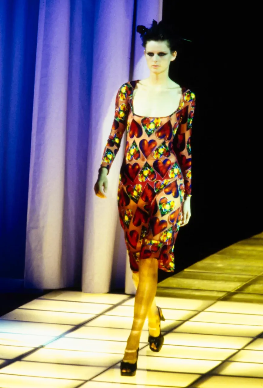 Important Spring 1997 Gianni Versace Well Documented Runway Dress w Heart Print by Jim Dine