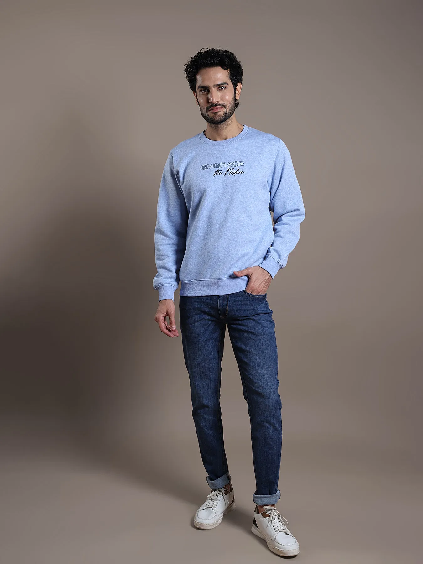 Knitted Sky Blue Printed Regular Fit Full Sleeve Casual Sweatshirt